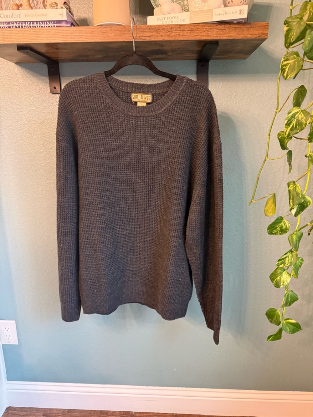 Waffle Knit Pullover Sweater Thermal Crewneck Gray XL